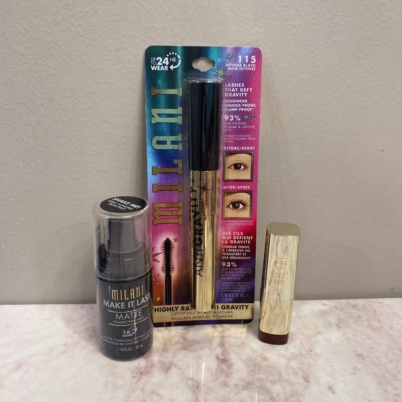 Milani Other - Milani Bundle Highly Rated Anti Gravity Mascara Lipstick Matte Setting Spray NEW